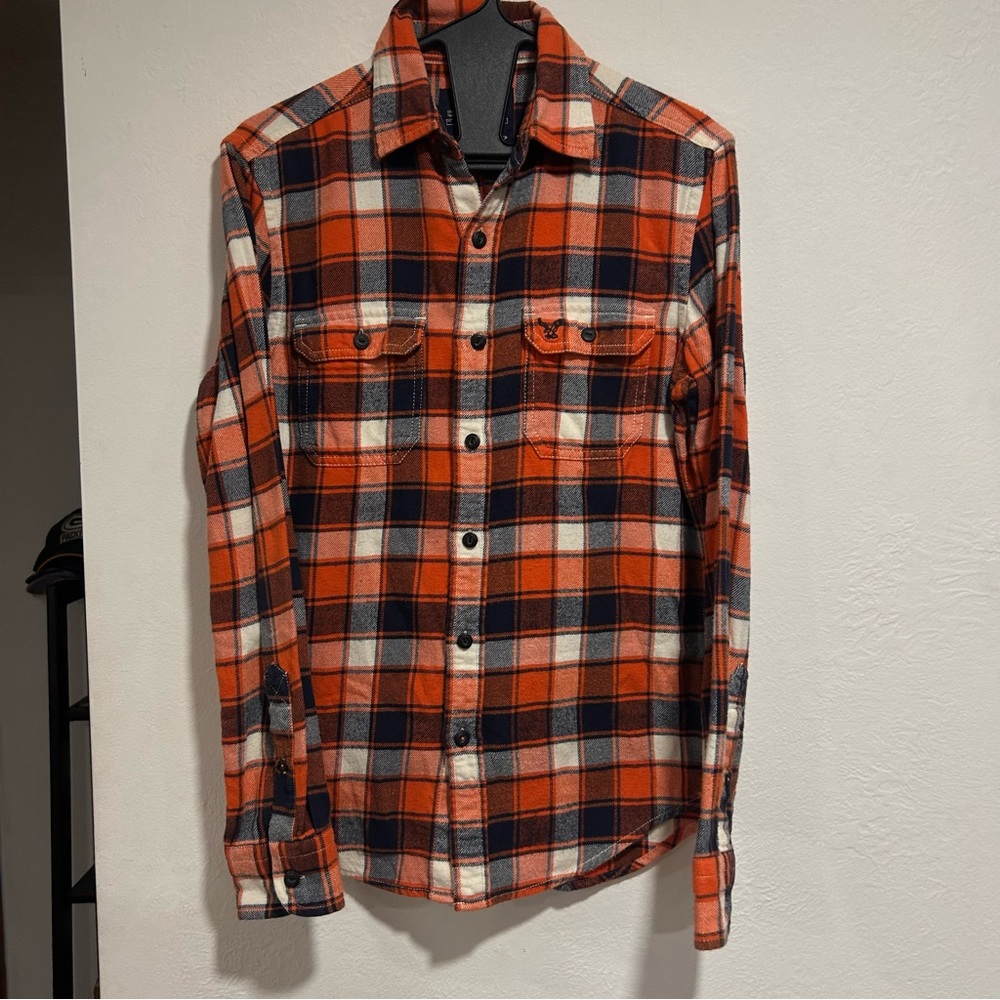 American Eagle Outfitters Orange and Navy Plaid Shirt
